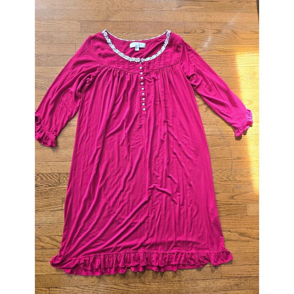 Eileen West Nightgown Red Polka Dot Lace Trim Buttons Size Small Cottagecore